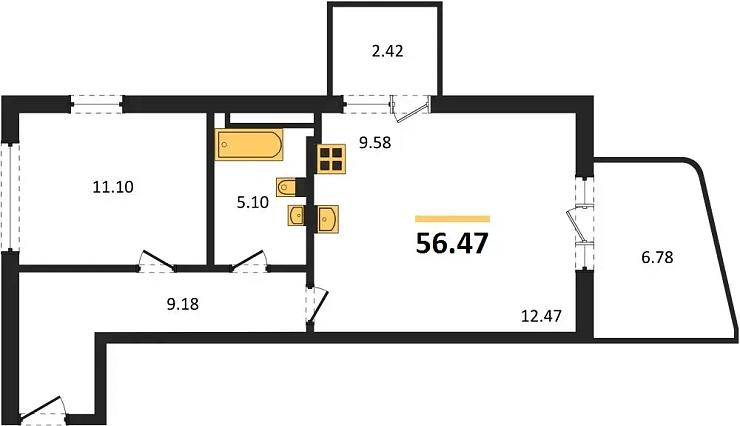 Квартира 1-комн. 56.47 кв. м