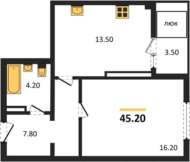 Квартира 1-комн. 45.2 кв. м