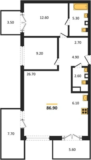 Квартира 2-комн. 86.9 кв. м