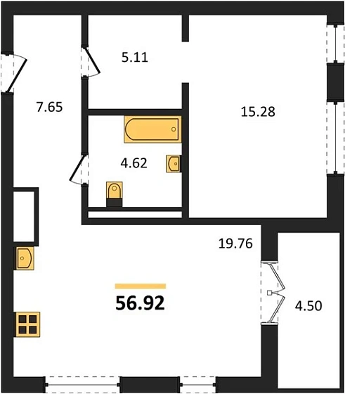 Квартира 1-комн. 56.92 кв. м