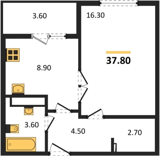 Квартира 1-комн. 37.8 кв. м