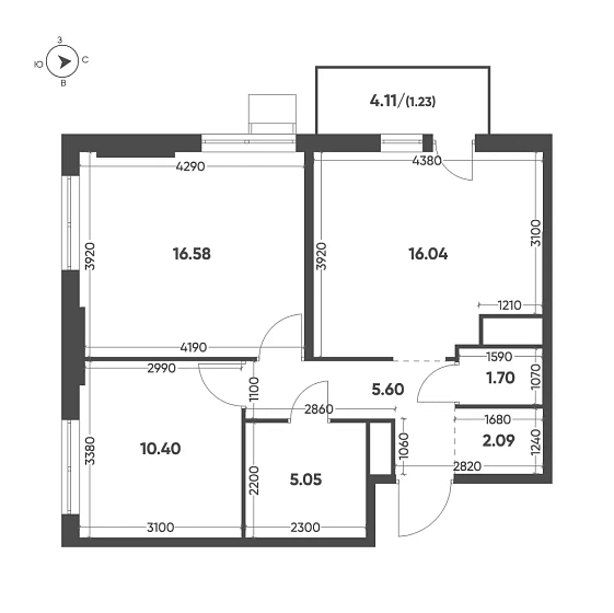 Квартира 2-комн. 58.69 кв. м