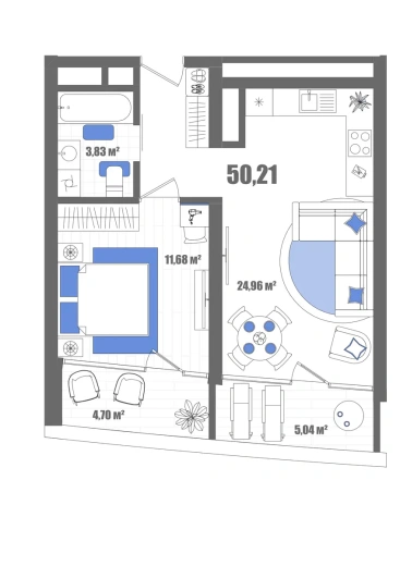 Апартаменты 1-комн. 50.21 кв. м
