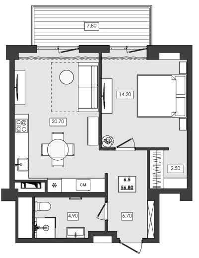 Апартаменты 2-комн. 56.8 кв. м