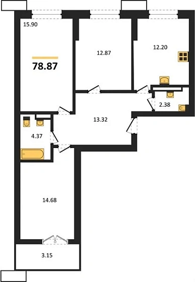 Квартира 3-комн. 78.87 кв. м