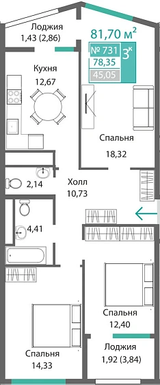 Квартира 3-комн. 78.35 кв.м