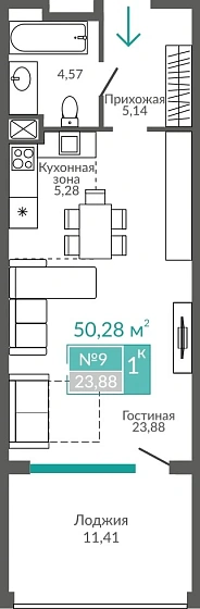 Апартаменты 1-комн. 50.28 кв.м