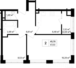 Квартира 2-комн. 47.03 кв. м
