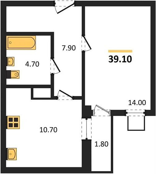 Квартира 1-комн. 39.1 кв. м