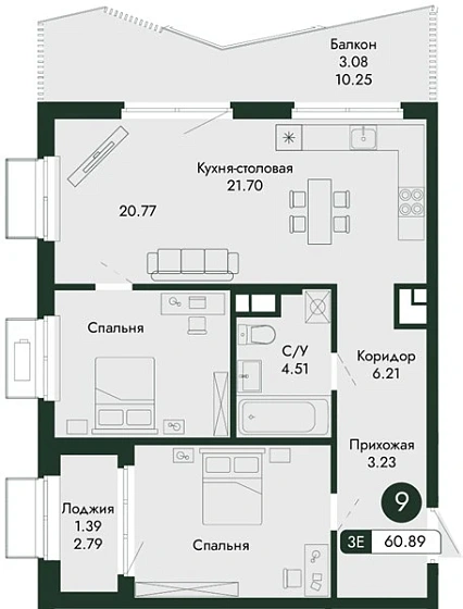 Квартира 2-комн. 60.89 кв. м