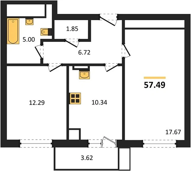Квартира 2-комн. 57.49 кв. м