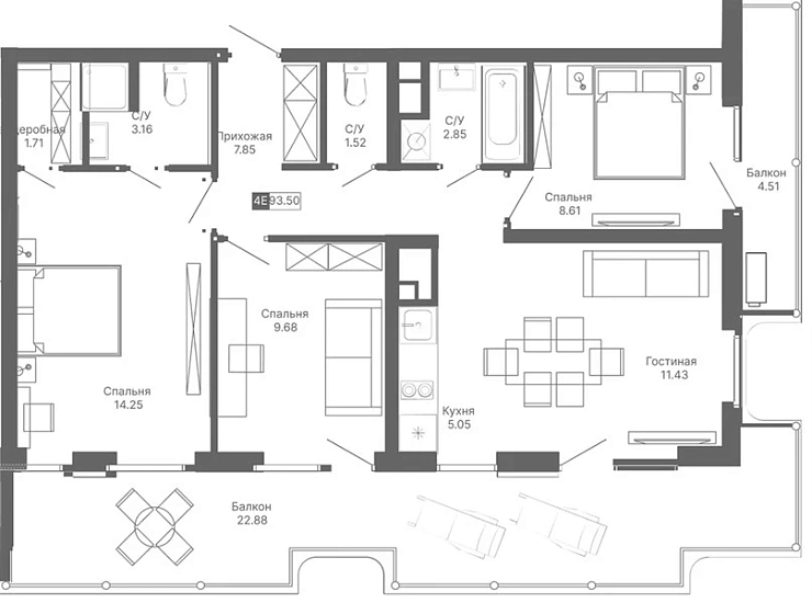 Апартаменты 3-комн. 93.5 кв. м