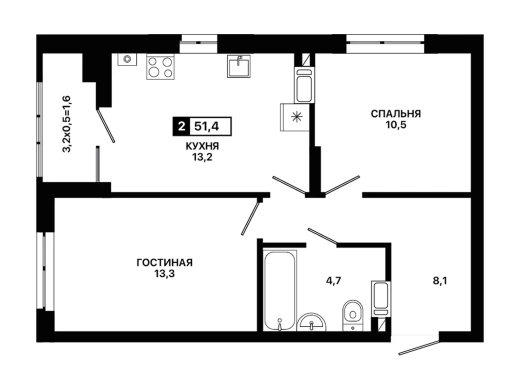 Квартира 2-комн. 51.4 кв. м