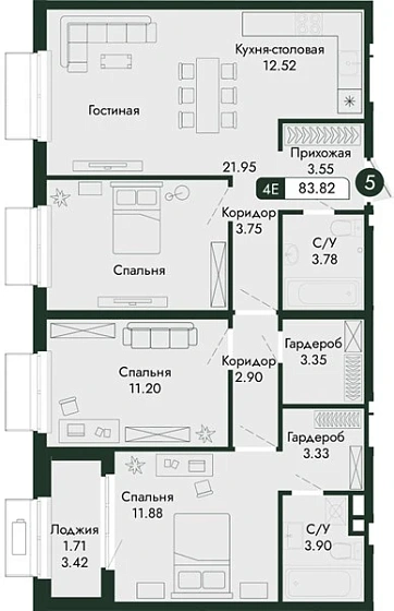 Квартира 3-комн. 83.82 кв. м