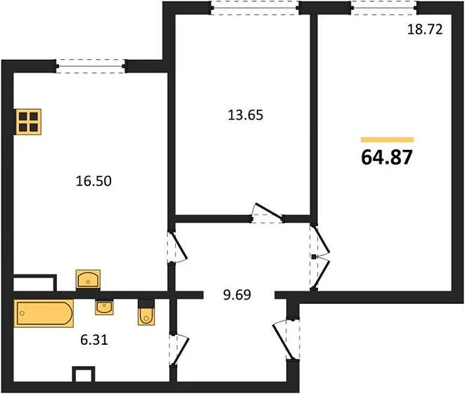 Квартира 2-комн. 64.87 кв. м