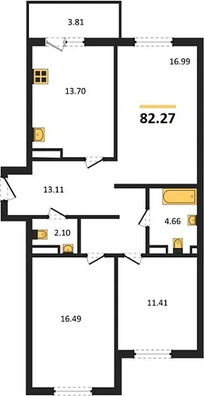 Квартира 3-комн. 78.7 кв. м
