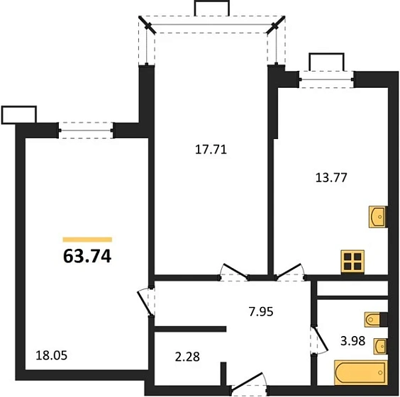 Квартира 2-комн. 63.74 кв. м