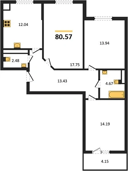 Квартира 3-комн. 80.57 кв. м