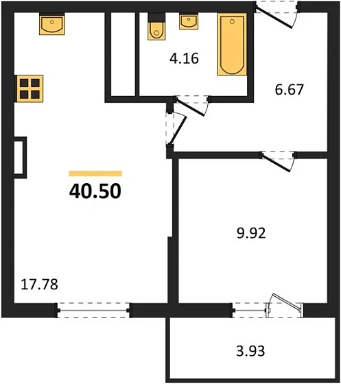 Квартира 1-комн. 40.5 кв. м