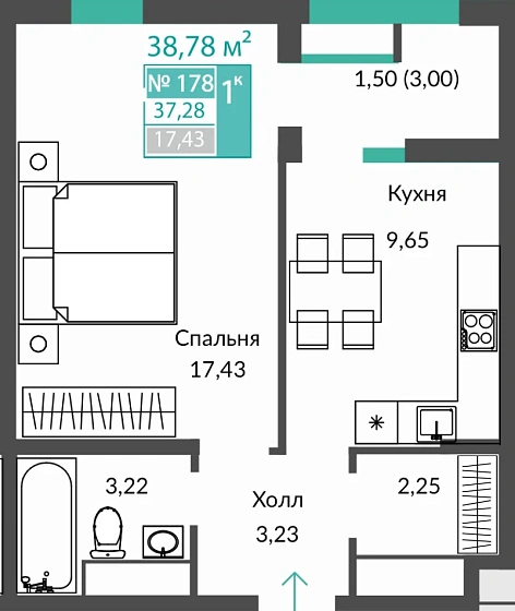 Квартира 1-комн. 37.28 кв.м
