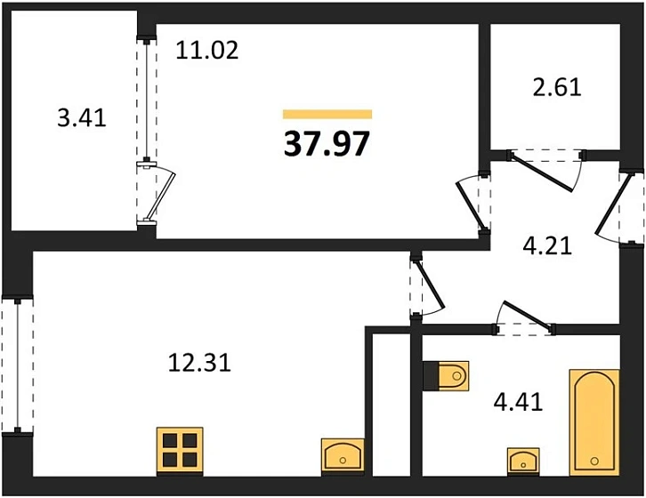 Квартира 1-комн. 37.97 кв. м
