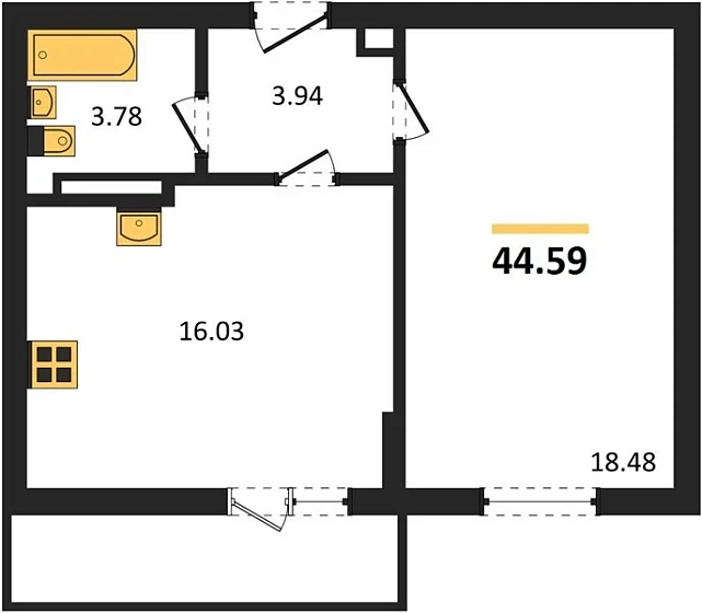 Квартира 1-комн. 44.59 кв. м