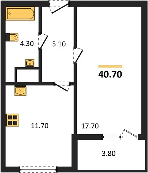 Квартира 1-комн. 40.7 кв. м