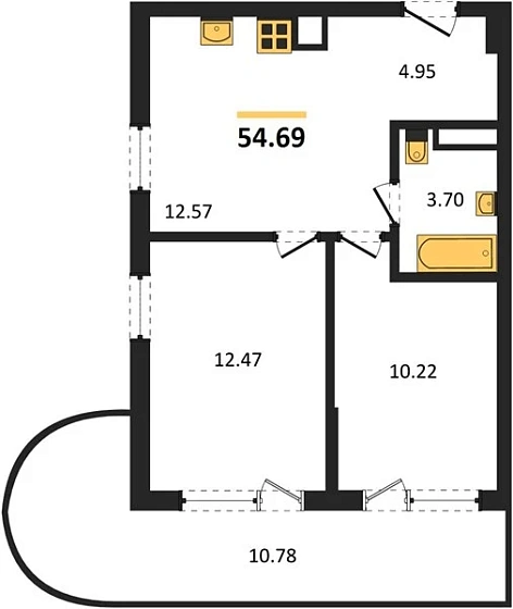Апартаменты 2-комн. 54.69 кв. м