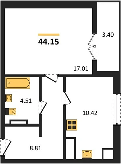Квартира 1-комн. 44.15 кв. м