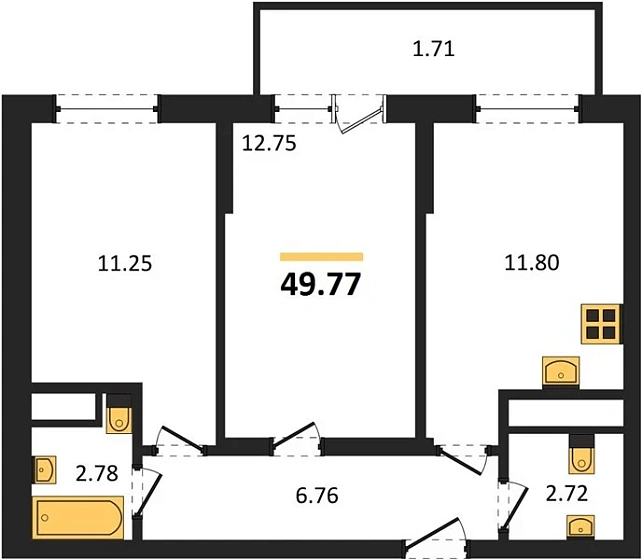 Квартира 2-комн. 49.77 кв. м