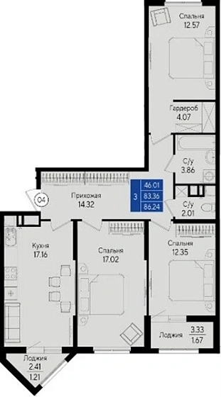 Квартира 3-комн. 86.24 кв. м