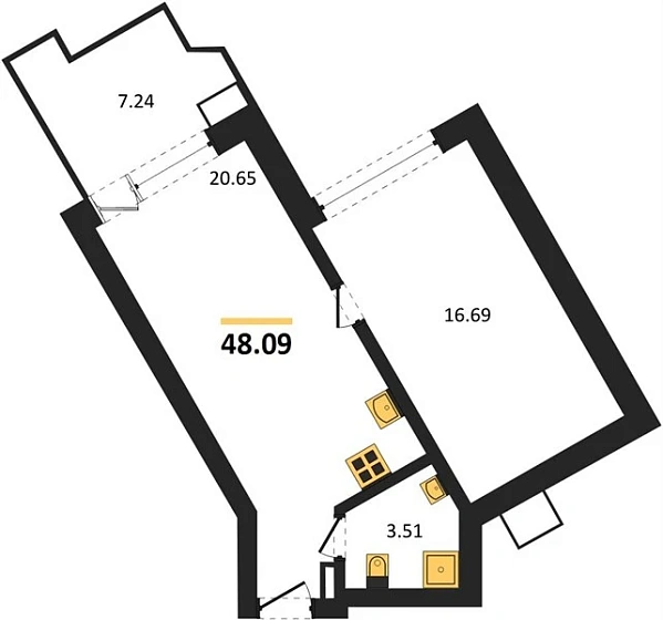 Апартаменты 1-комн. 48.09 кв. м