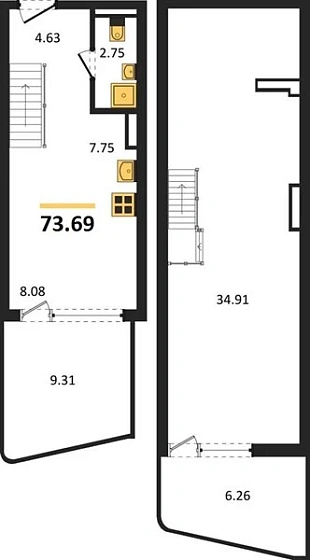 Квартира 1-комн. 73.69 кв. м