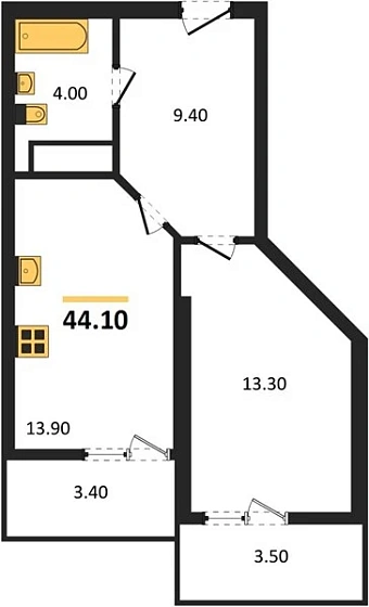 Квартира 1-комн. 44.1 кв. м