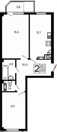 Квартира 2-комн. 60.4 кв. м