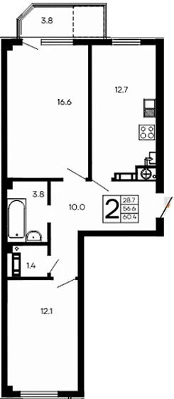 Квартира 2-комн. 60.4 кв. м