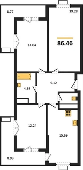Квартира 3-комн. 86.46 кв. м