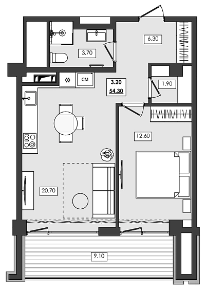 Апартаменты 2-комн. 54.3 кв. м