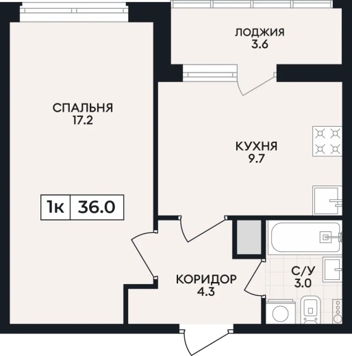Квартира 1-комн. 36 кв. м