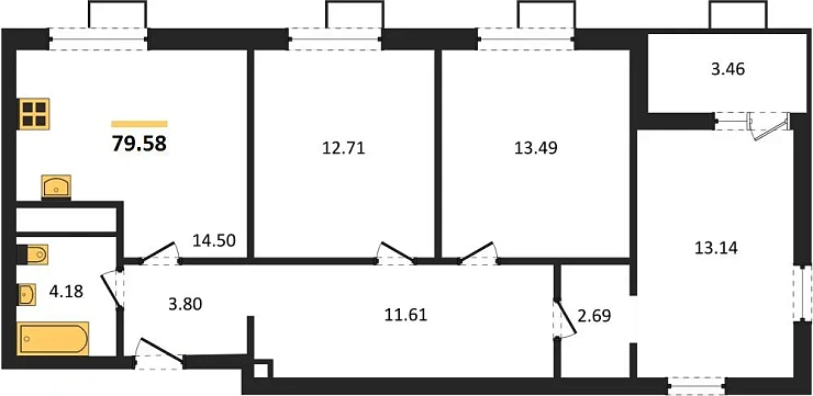 Квартира 3-комн. 79.58 кв. м