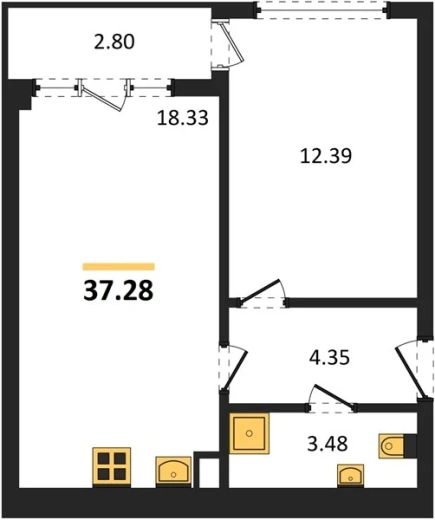 Квартира 1-комн. 37.28 кв. м