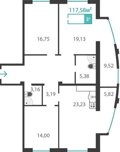 Квартира 3-комн. 117.58 кв.м