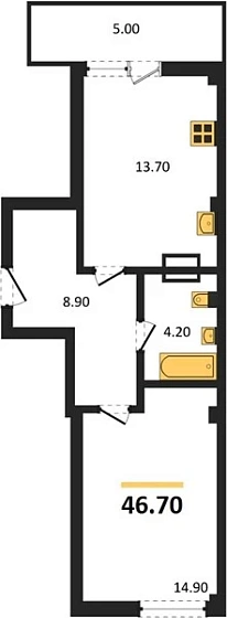 Квартира 1-комн. 46.7 кв. м