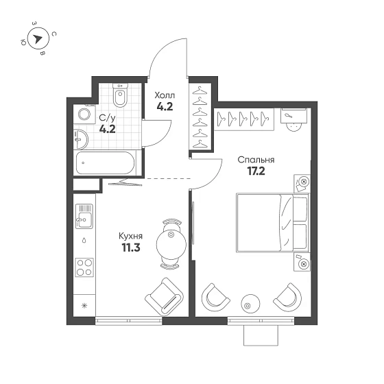 Квартира 1-комн. 36.9 кв. м