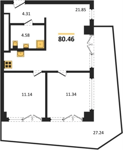 Апартаменты 2-комн. 80.74 кв. м