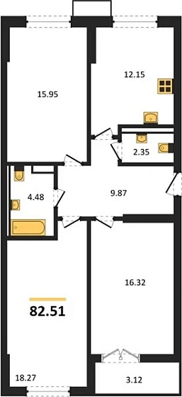 Квартира 3-комн. 82.51 кв. м