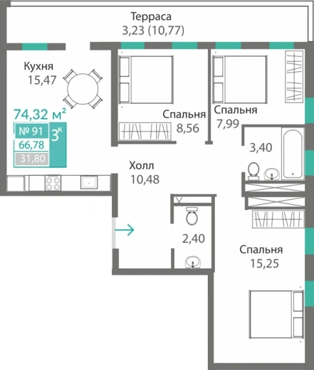 Квартира 3-комн. 66.78 кв.м