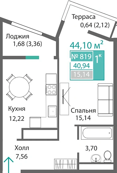 Квартира 1-комн. 40.94 кв.м