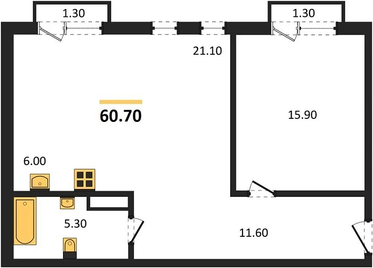 Квартира 1-комн. 60.7 кв. м