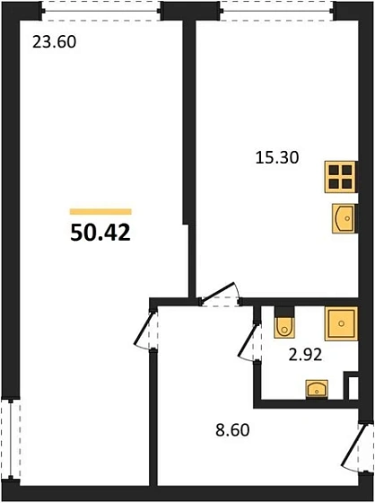 Квартира 1-комн. 50.42 кв. м